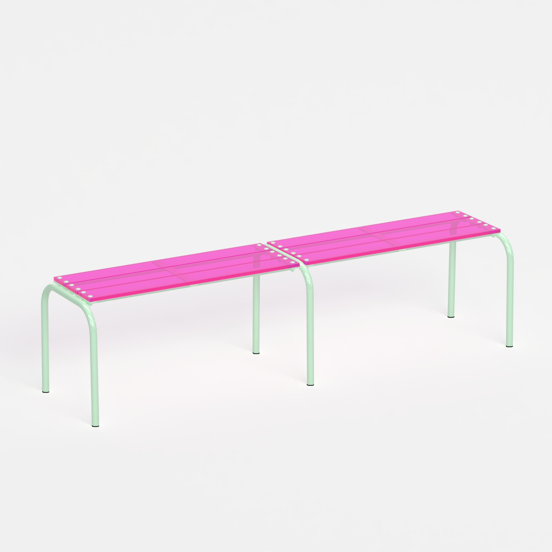 Banc 180 cm - structure vert pastel et assise en verre acrylique recyclé rose