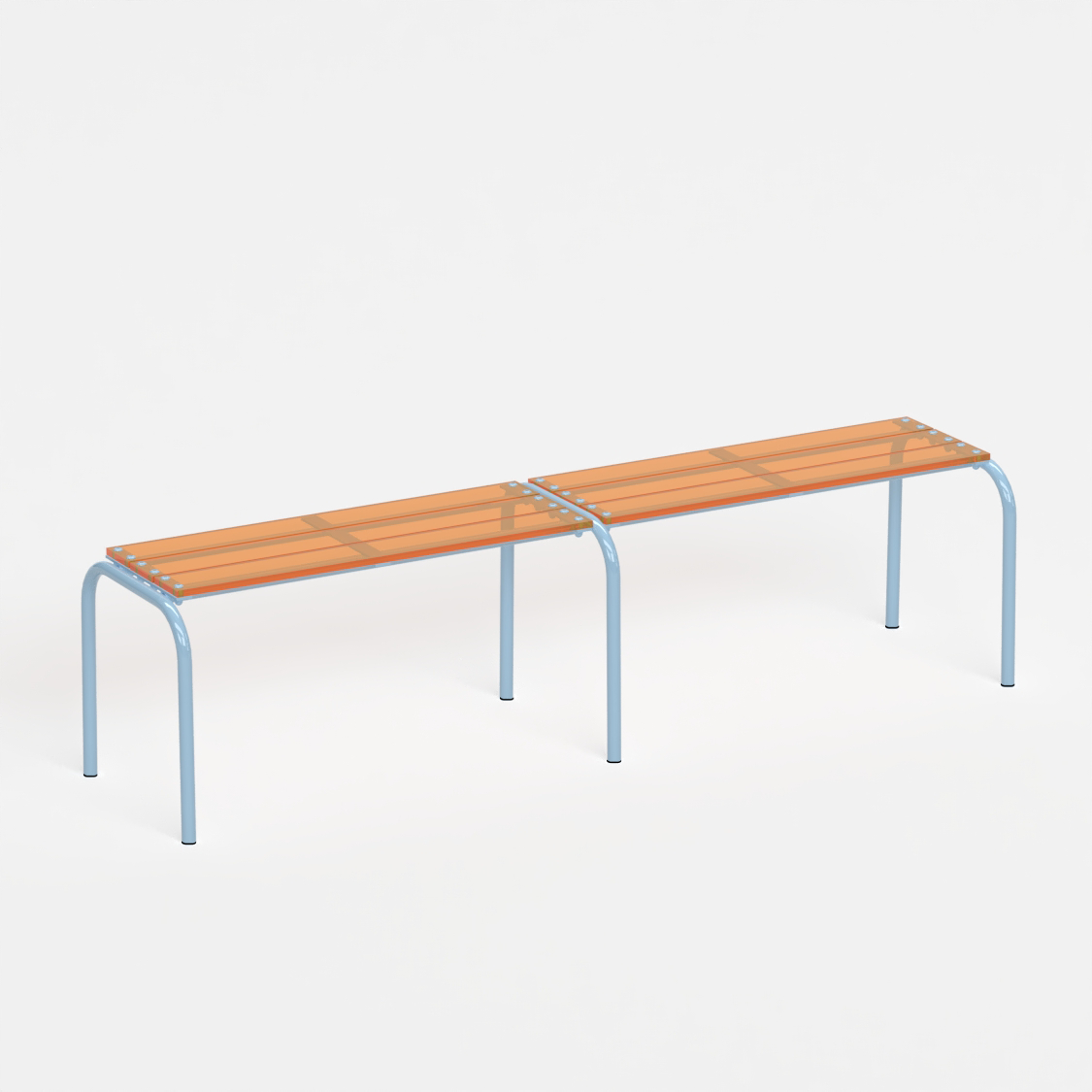 Banc 180 cm - structure bleu pastel et assise en verre acrylique recyclé orange