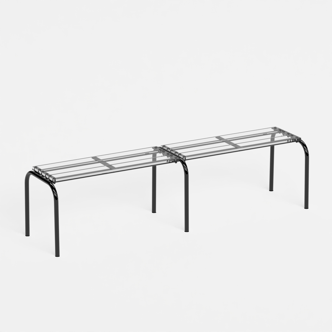 Banc 180 cm - structure noir et assise en verre acrylique recyclé incolore