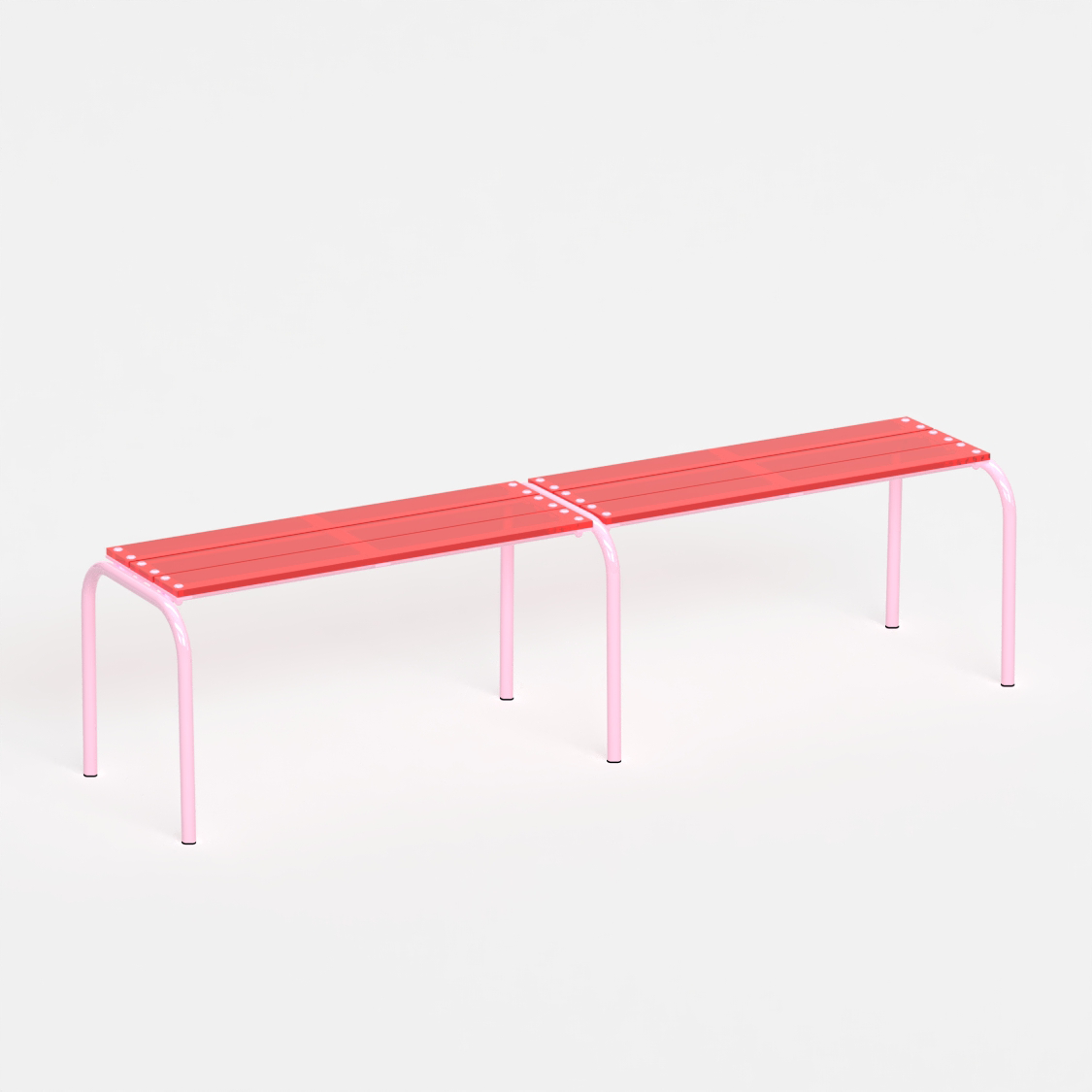 Banc 180 cm - structure rose pastel et assise en verre acrylique recyclé rouge