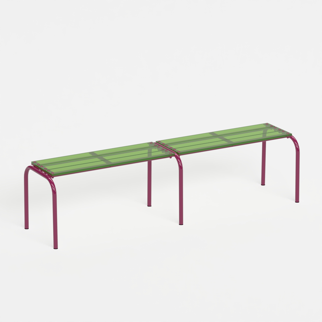 Banc 180 cm - structure aubergine et assise en verre acrylique recyclé vert