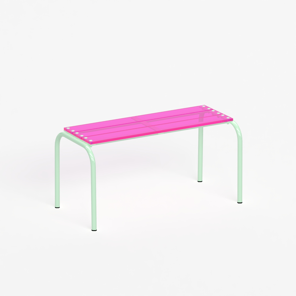 Banc 90 cm - structure vert pastel et assise en verre acrylique recyclé rose