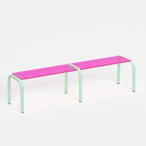 Banc Beaubourg 180 cm - structure vert pastel et assise en verre acrylique recyclé rose