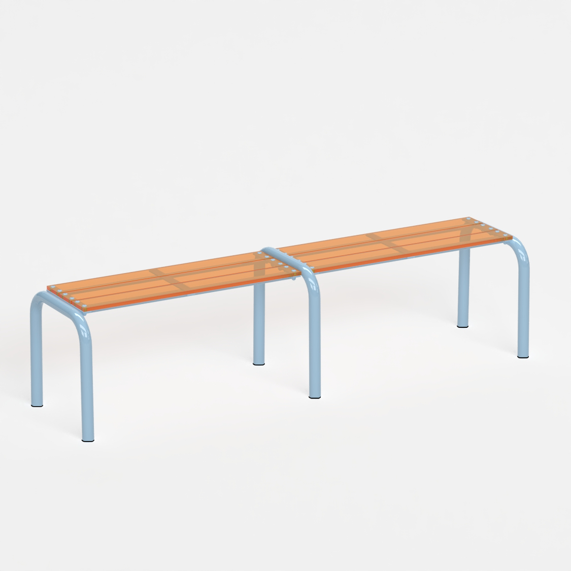 Banc Beaubourg 180 cm - structure bleu pastel et assise en verre acrylique recyclé orange