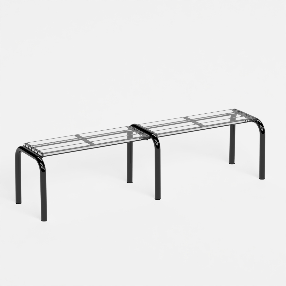Banc Beaubourg 180 cm - structure noir et assise en verre acrylique recyclé incolore