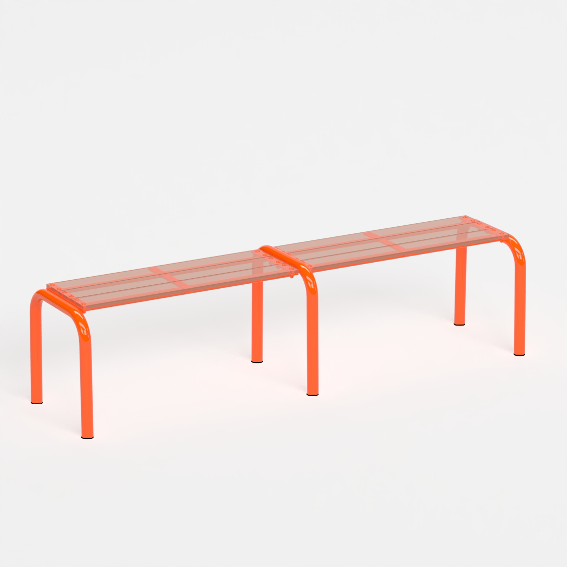 Banc Beaubourg 180 cm - structure orange et assise en verre acrylique recyclé fumé