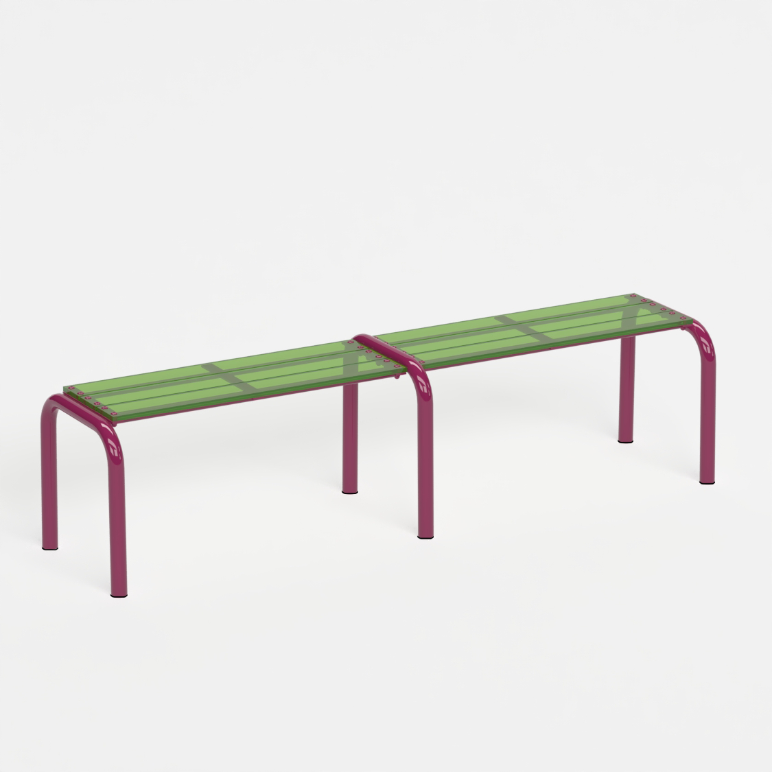 Banc Beaubourg 180 cm - structure aubergine et assise en verre acrylique recyclé vert