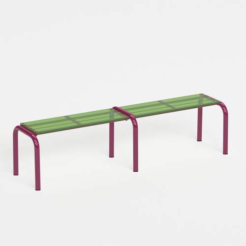 Banc Beaubourg 180 cm - structure aubergine et assise en verre acrylique recyclé vert