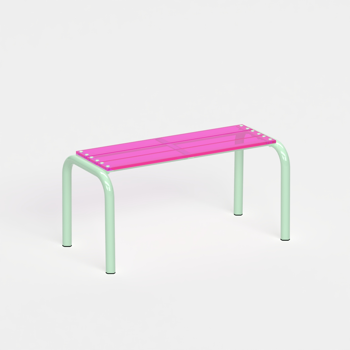 Banc Beaubourg 90 cm - structure vert pastel et assise en verre acrylique recyclé rose