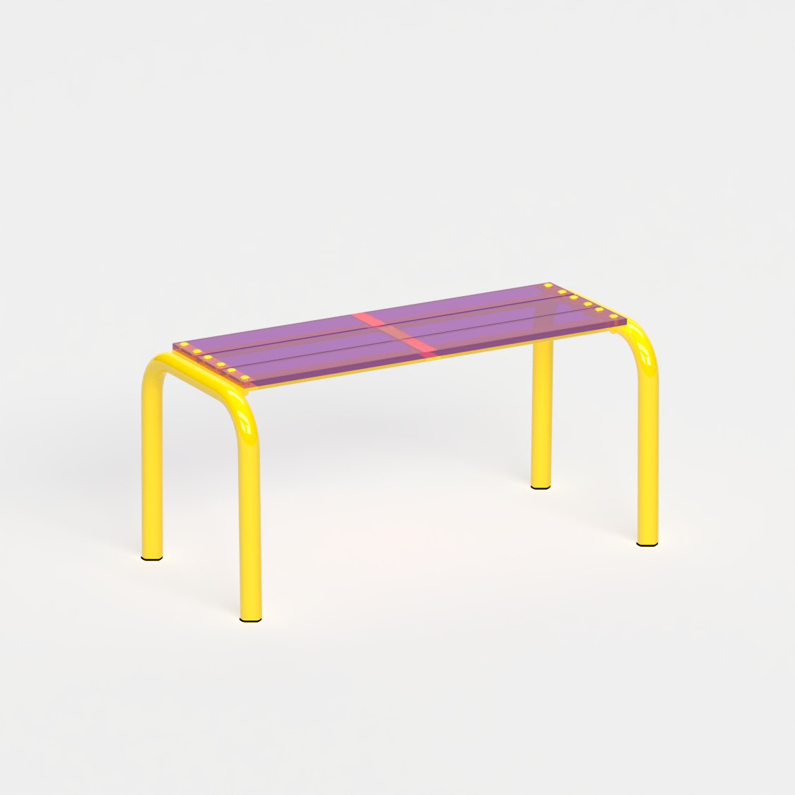 Banc Beaubourg 90 cm - structure jaune et assise en verre acrylique recyclé violet