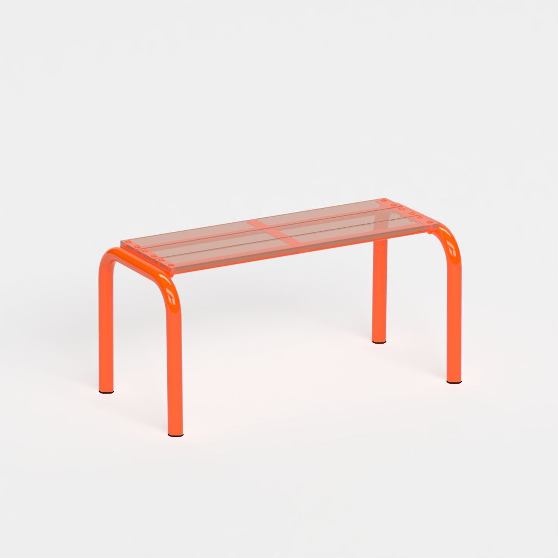 Banc Beaubourg 90 cm - structure orange et assise en verre acrylique recyclé fumé
