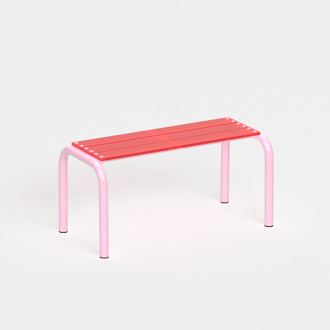 Banc Beaubourg 90 cm - structure rose pastel et assise en verre acrylique recyclé rouge