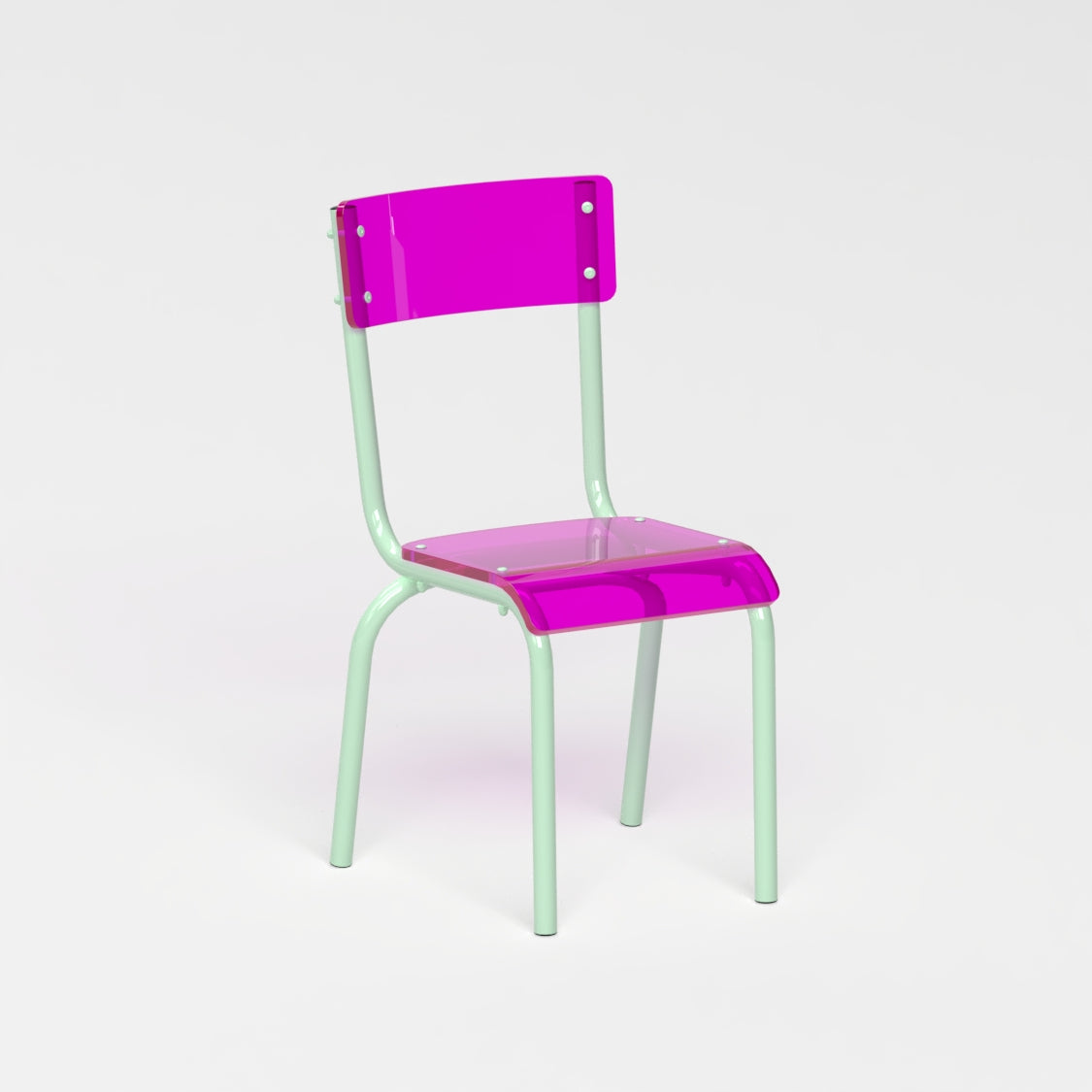 Chaise - structure vert pastel et assise en verre acrylique recyclé rose