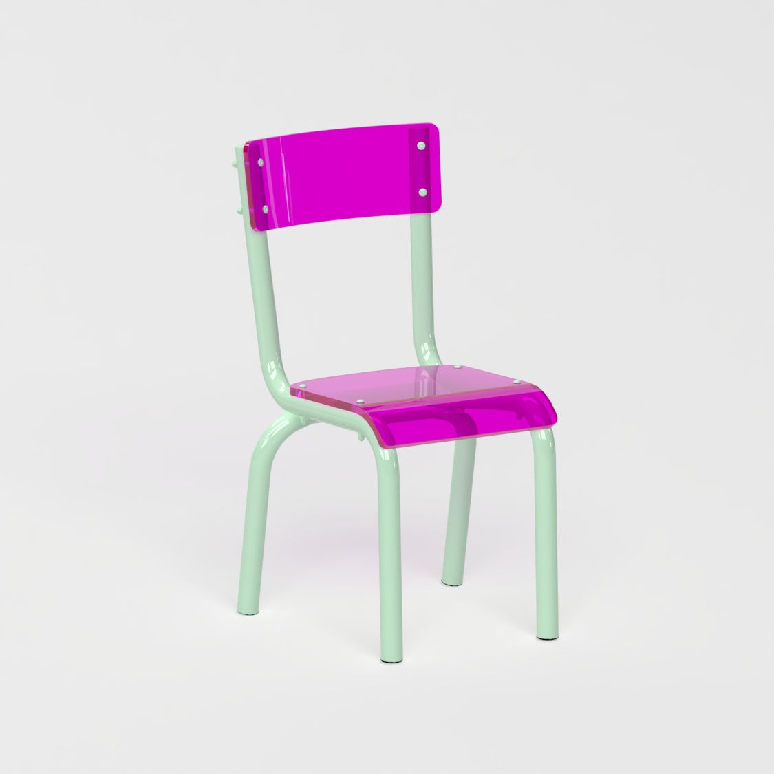 Chaise Beaubourg - structure vert pastel et assise en verre acrylique recyclé rose