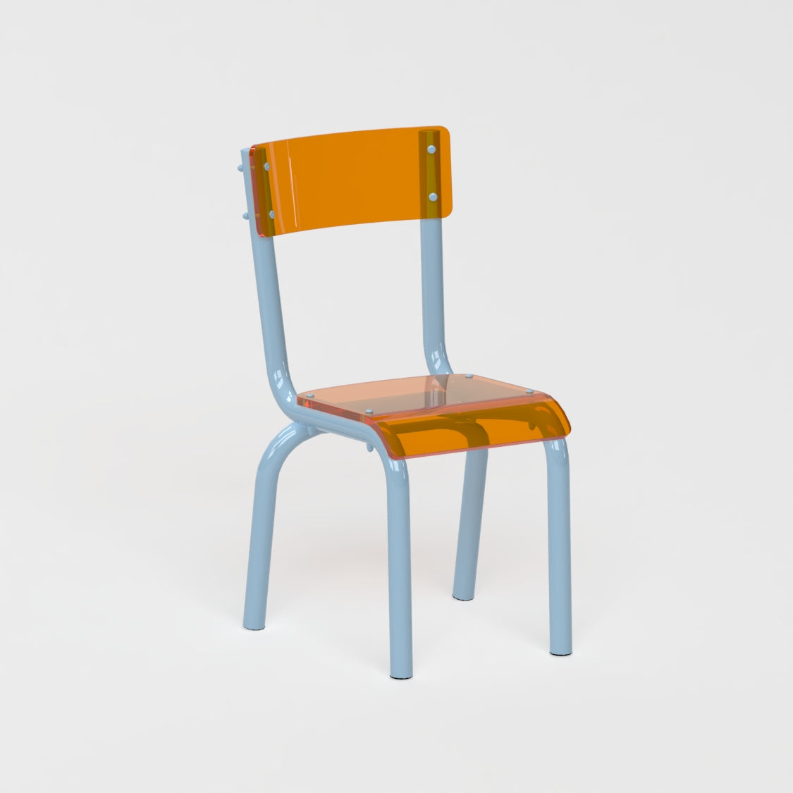 Chaise Beaubourg - structure bleu pastel et assise en verre acrylique recyclé orange