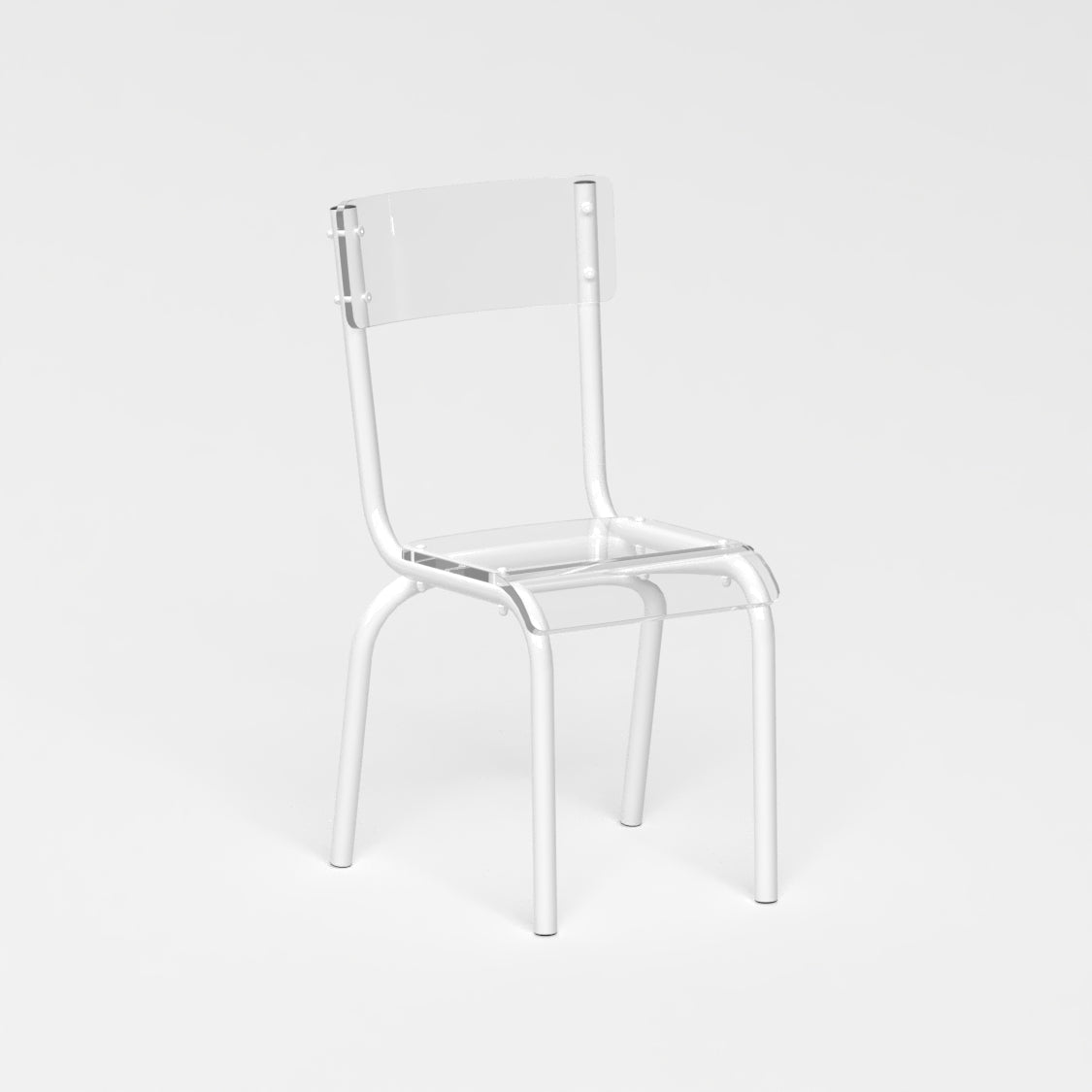 Chaise - structure blanc et assise en verre acrylique recyclé transparent
