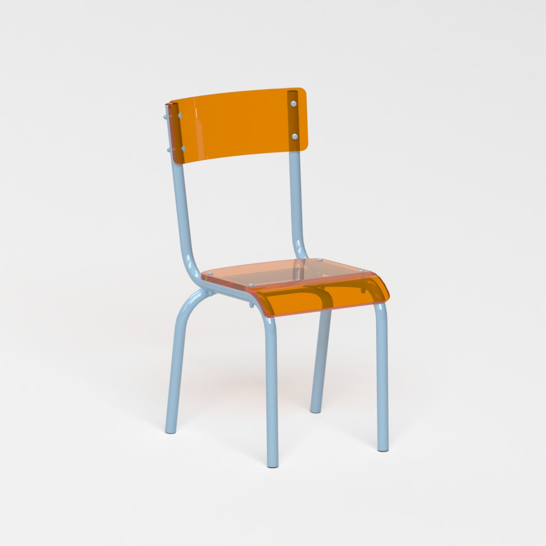 Chaise - structure bleu pastel et assise en verre acrylique recyclé orange