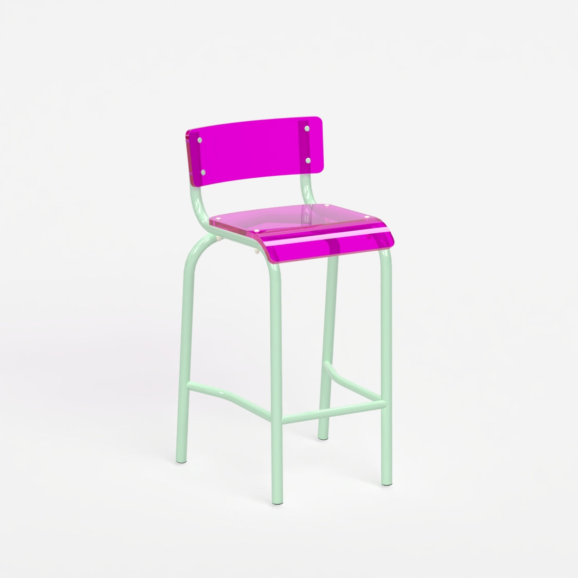 Chaise haute 70 cm - structure vert pastel et assise en verre acrylique recyclé rose