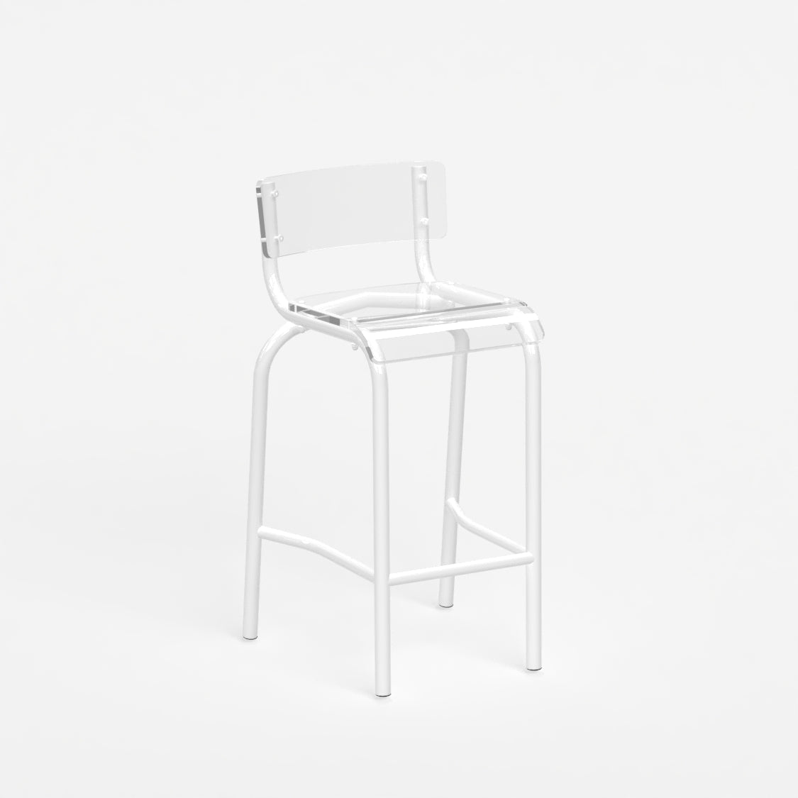 Chaise haute 70 cm - structure blanc et assise en verre acrylique recyclé transparent