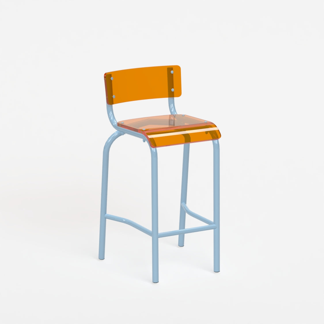 Chaise haute 70 cm - structure bleu pastel et assise en verre acrylique recyclé orange
