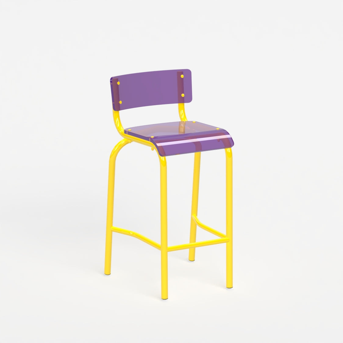 Chaise haute 70 cm - structure jaune et assise en verre acrylique recyclé violet