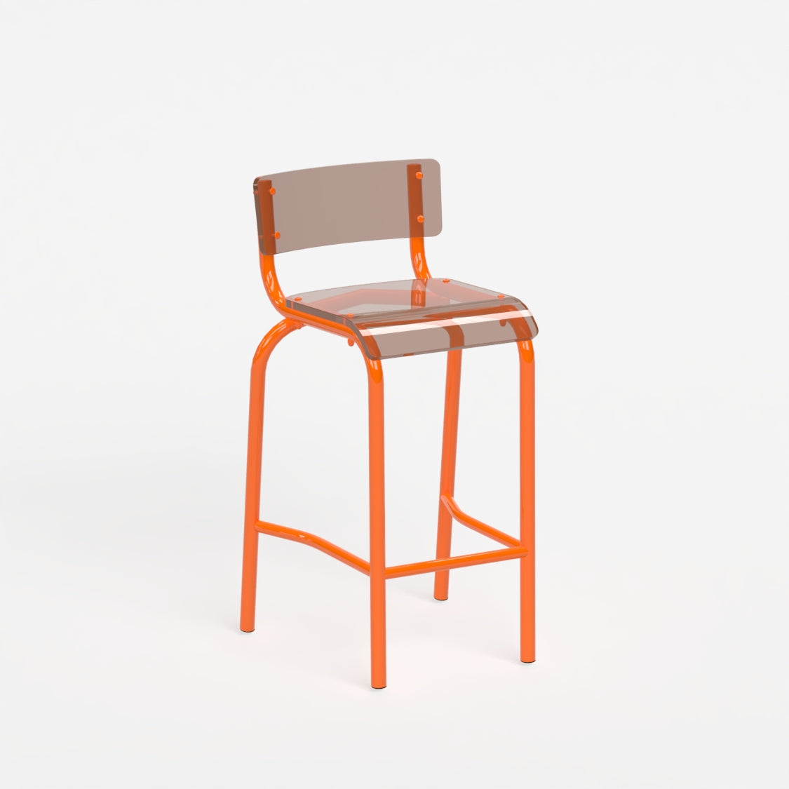 Chaise haute 70 cm - structure orange et assise en verre acrylique recyclé fumé