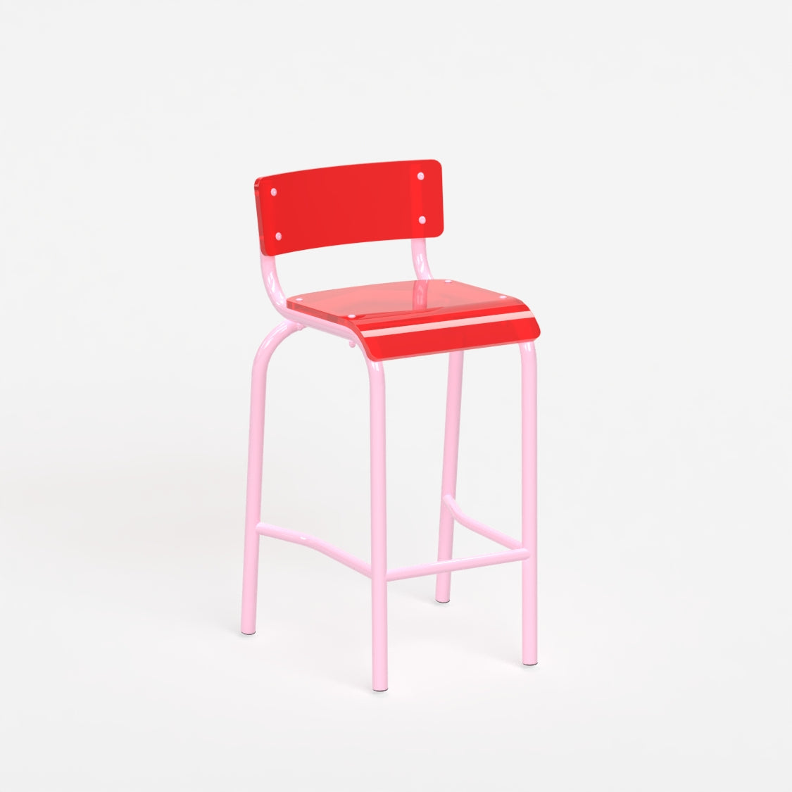 Chaise haute 70 cm - structure rose pastel et assise en verre acrylique recyclé rouge