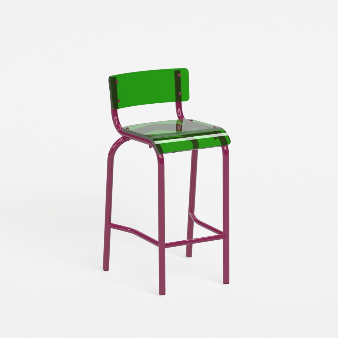 Chaise haute 70 cm - structure aubergine et assise en verre acrylique recyclé vert
