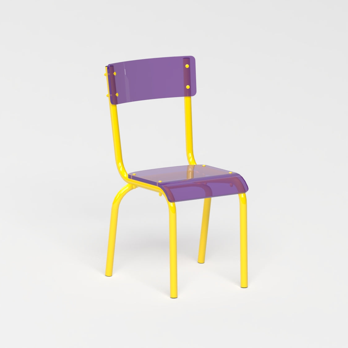 Chaise - structure jaune et assise en verre acrylique recyclé violet