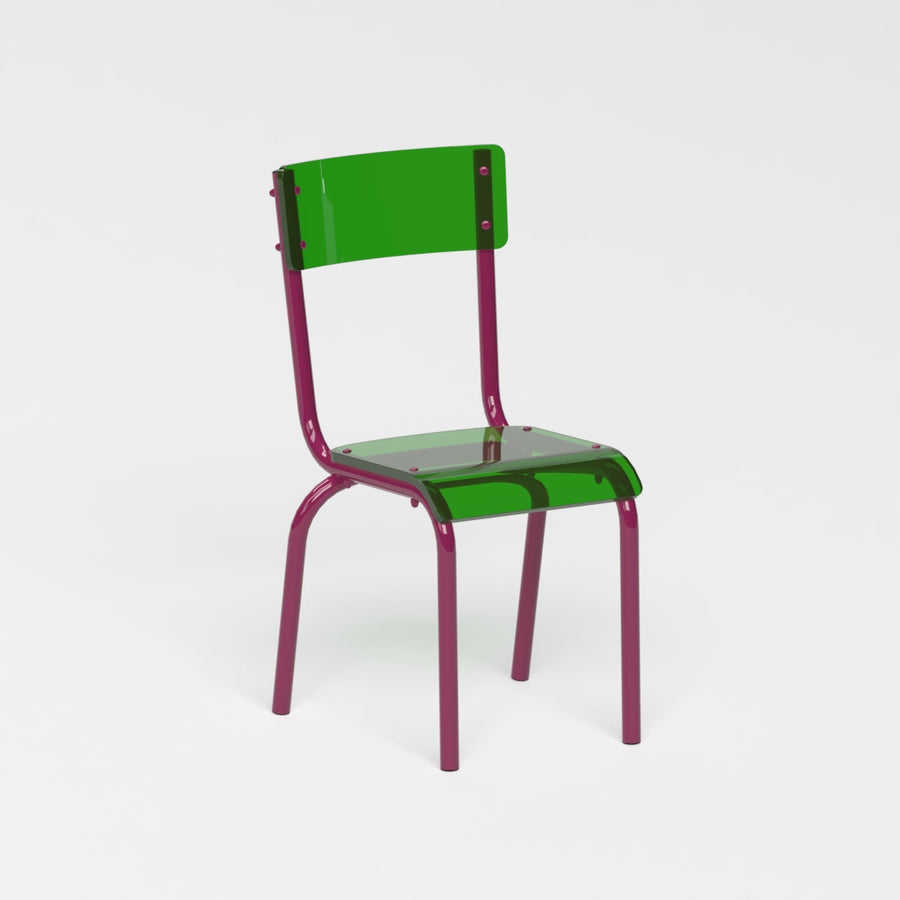 Chaise - structure aubergine et assise en verre acrylique recyclé vert