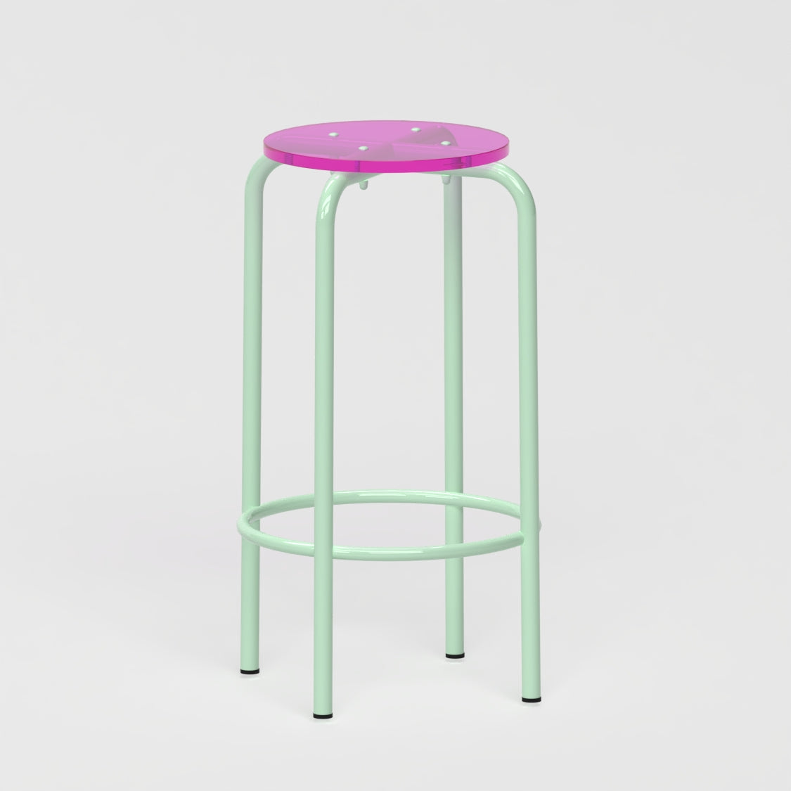 Tabouret haut 70 cm - structure vert pastel et assise en verre acrylique recyclé rose