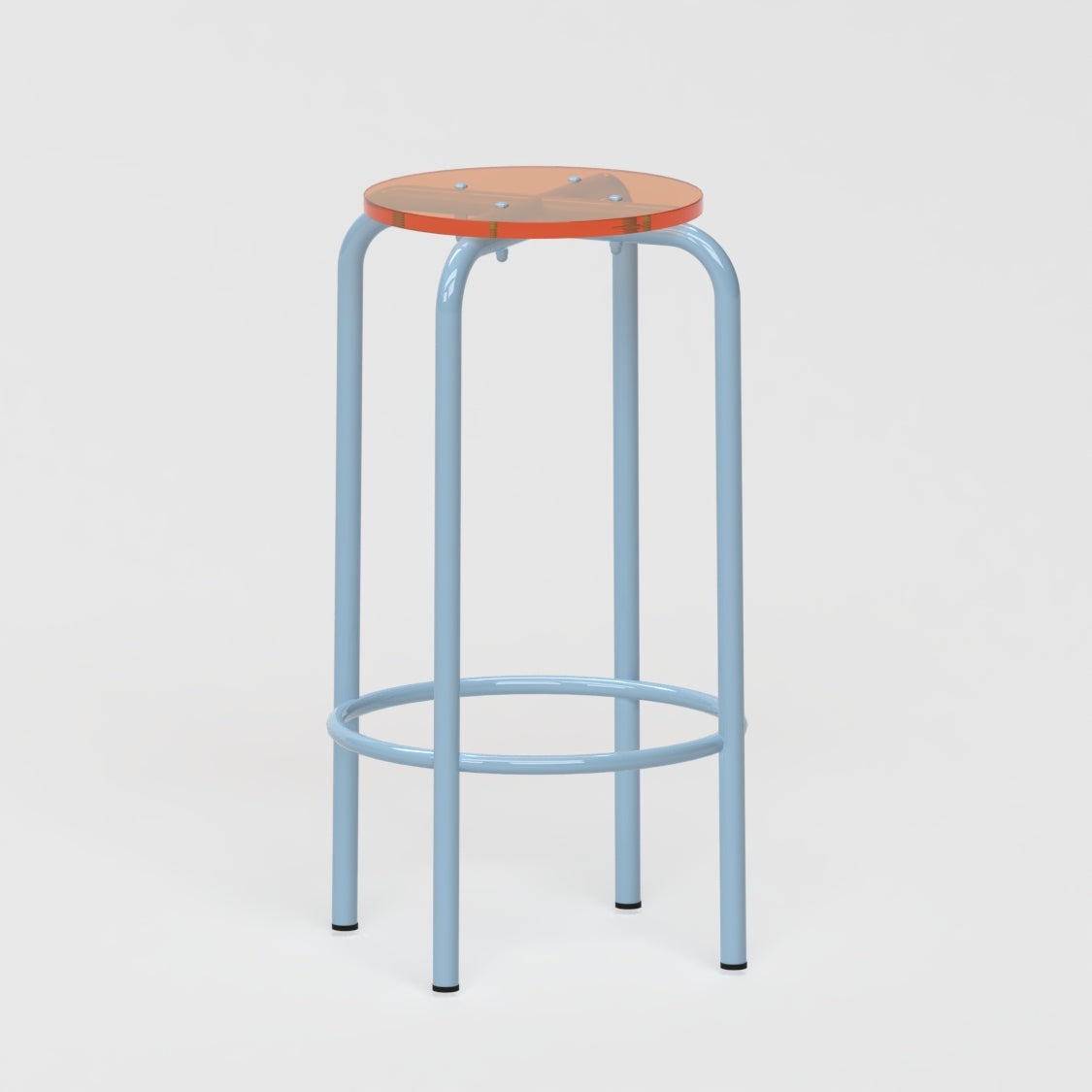 Tabouret haut 70 cm - structure bleu pastel et assise en verre acrylique recyclé orange