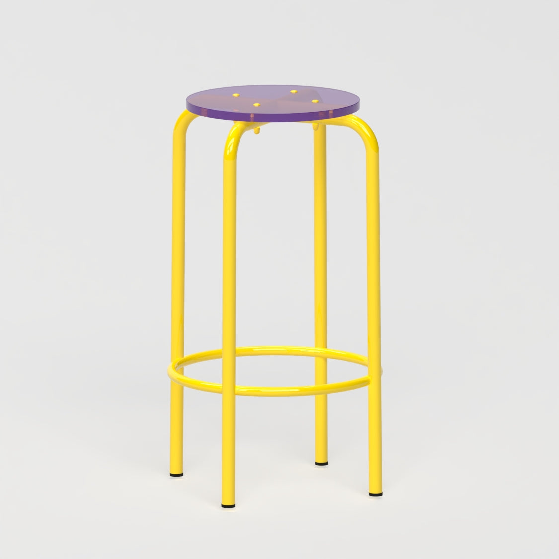 Tabouret haut 70 cm - structure jaune et assise en verre acrylique recyclé violet