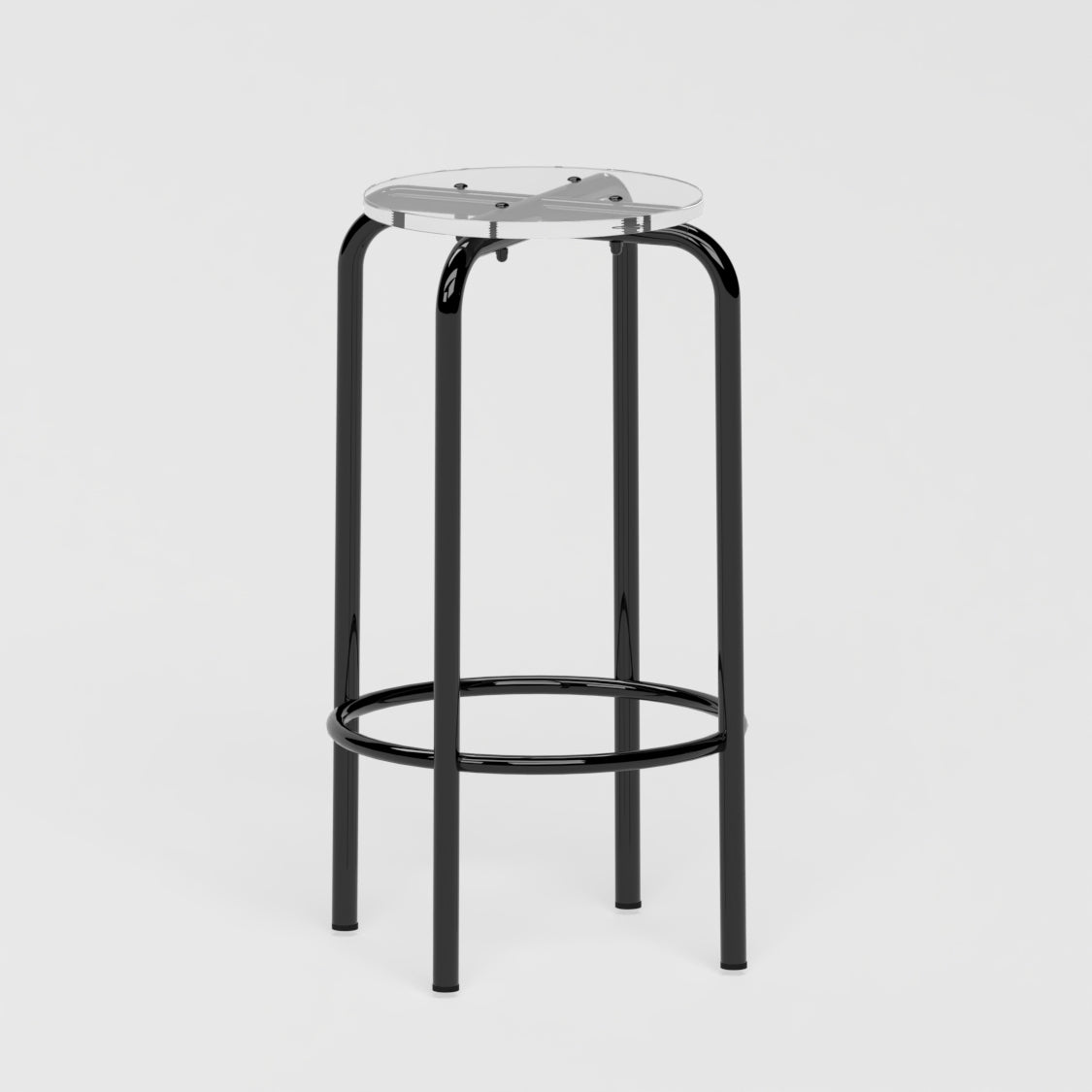 Tabouret haut 70 cm - structure noir et assise en verre acrylique recyclé incolore
