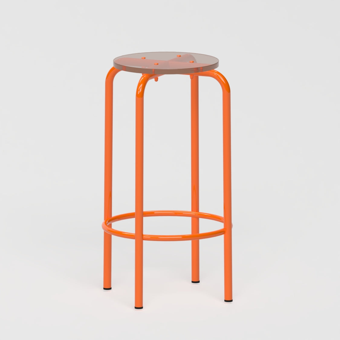 Tabouret haut 70 cm - structure orange et assise en verre acrylique recyclé fumé