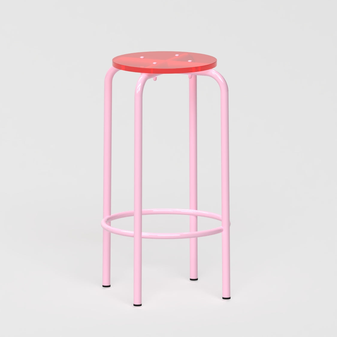 Tabouret haut 70 cm - structure rose pastel et assise en verre acrylique recyclé rouge