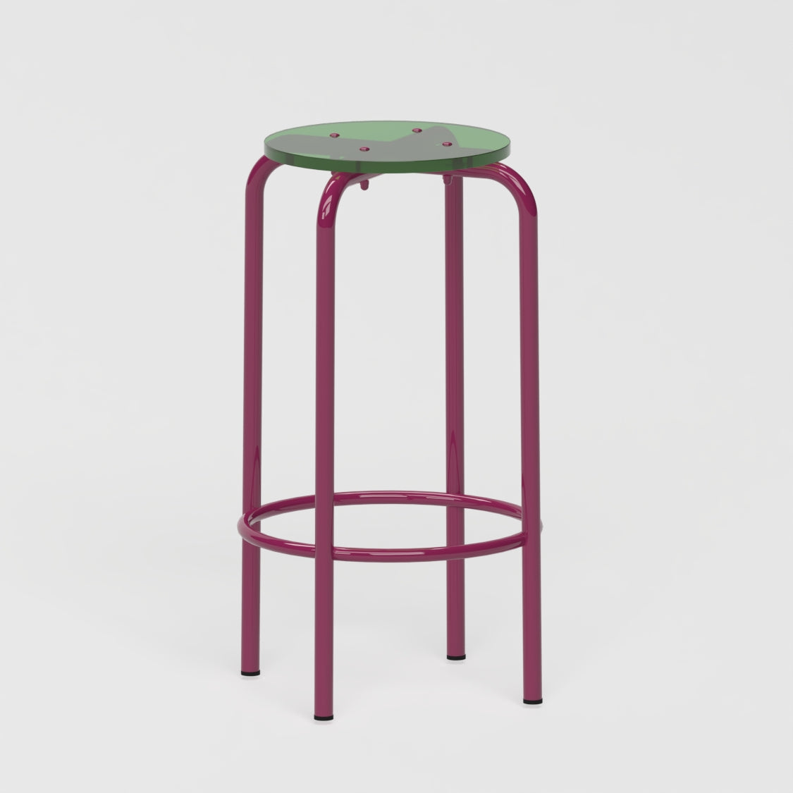 Tabouret haut 70 cm - structure aubergine et assise en verre acrylique recyclé vert