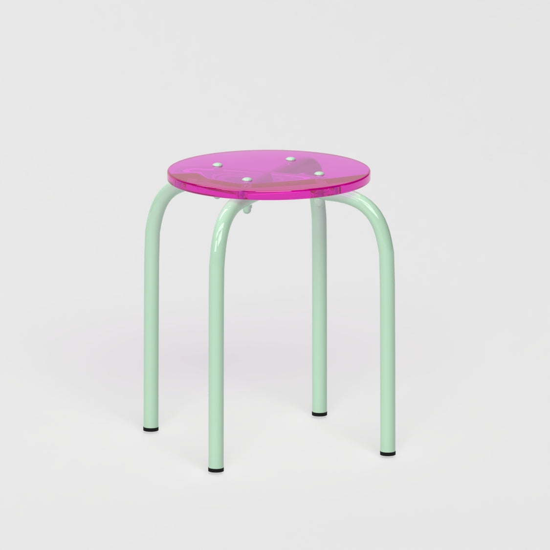 Tabouret personnalisable - structure vert pastel et assise en verre acrylique recyclé rose