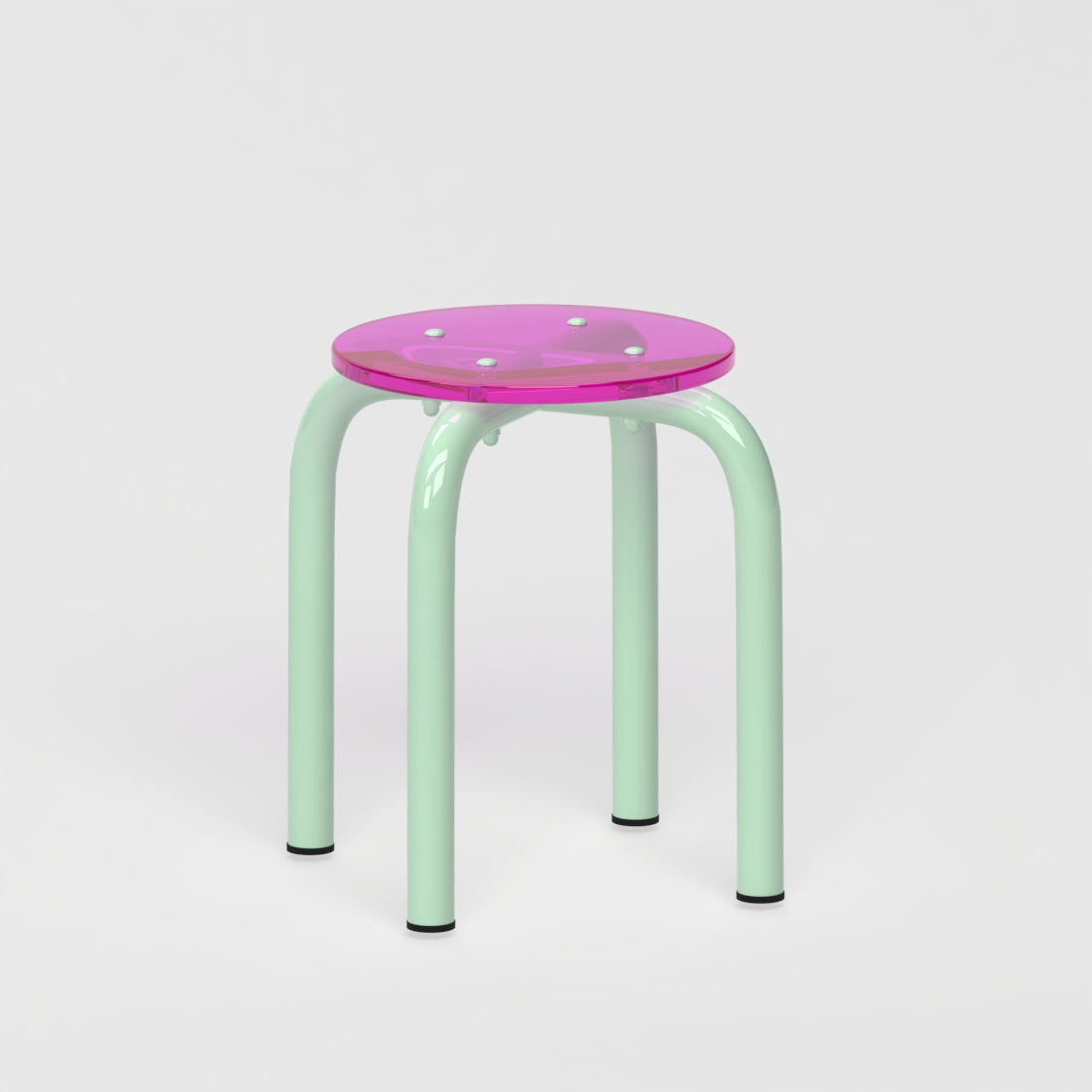 Tabouret Beaubourg - structure vert pastel et assise en verre acrylique recyclé rose
