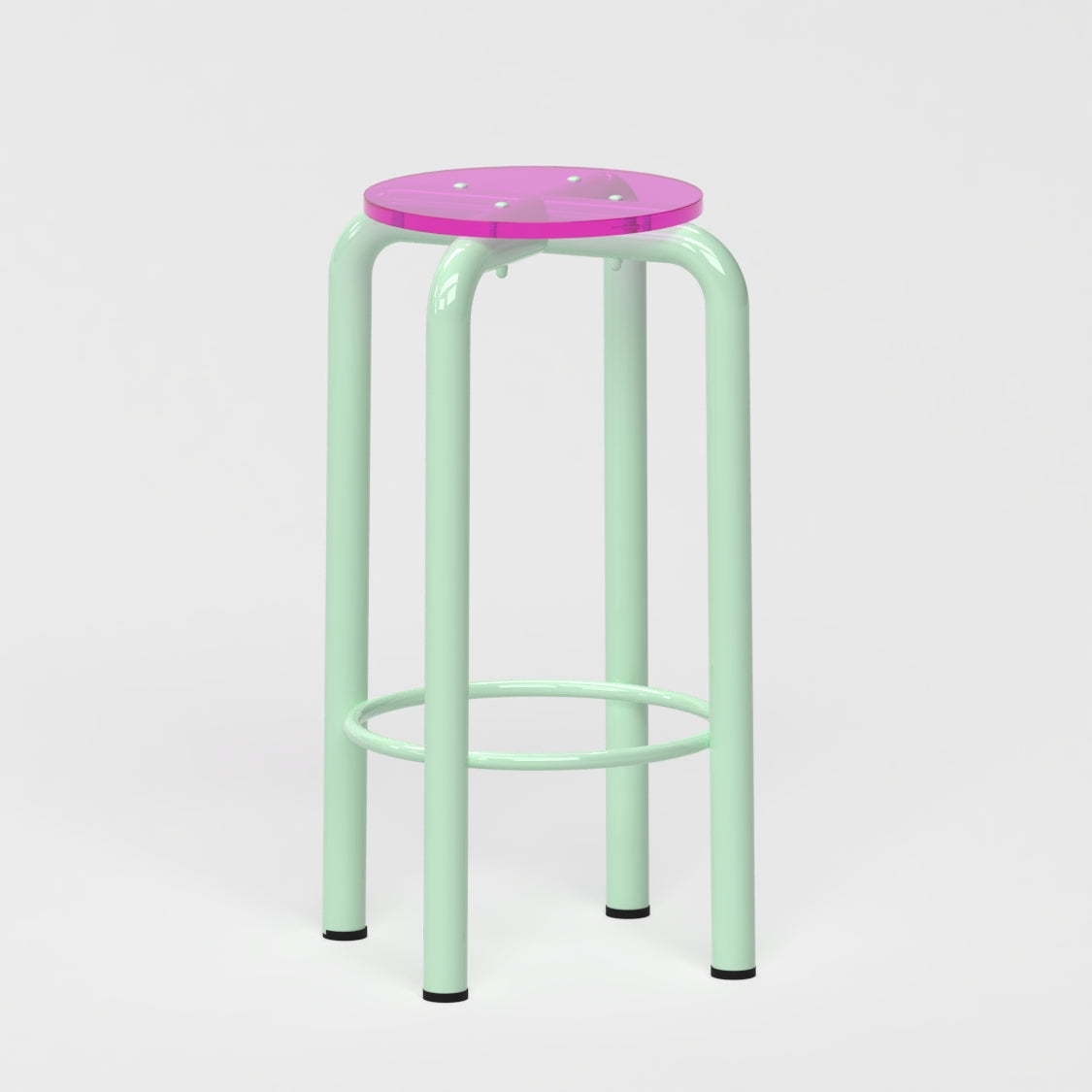 Tabouret haut Beaubourg 70 cm - structure vert pastel et assise en verre acrylique recyclé rose