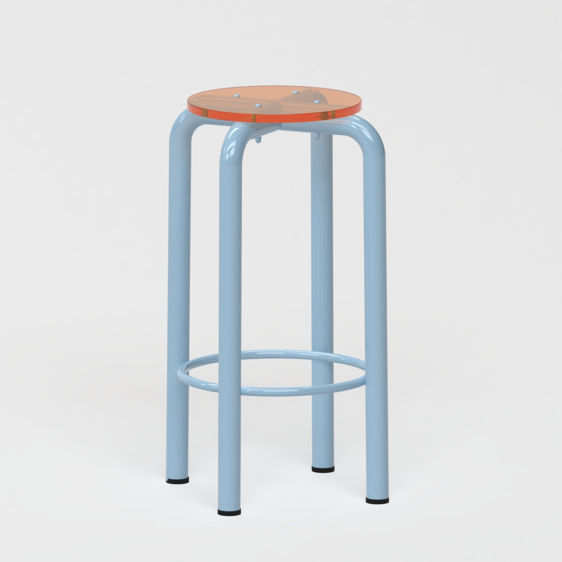 Tabouret haut Beaubourg 70 cm - structure bleu pastel et assise en verre acrylique recyclé orange