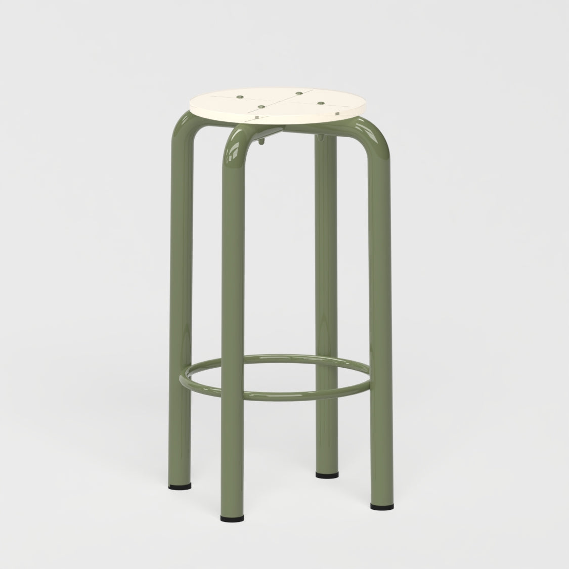 Tabouret haut Beaubourg 70 cm - structure kaki et assise en verre acrylique recyclé beige