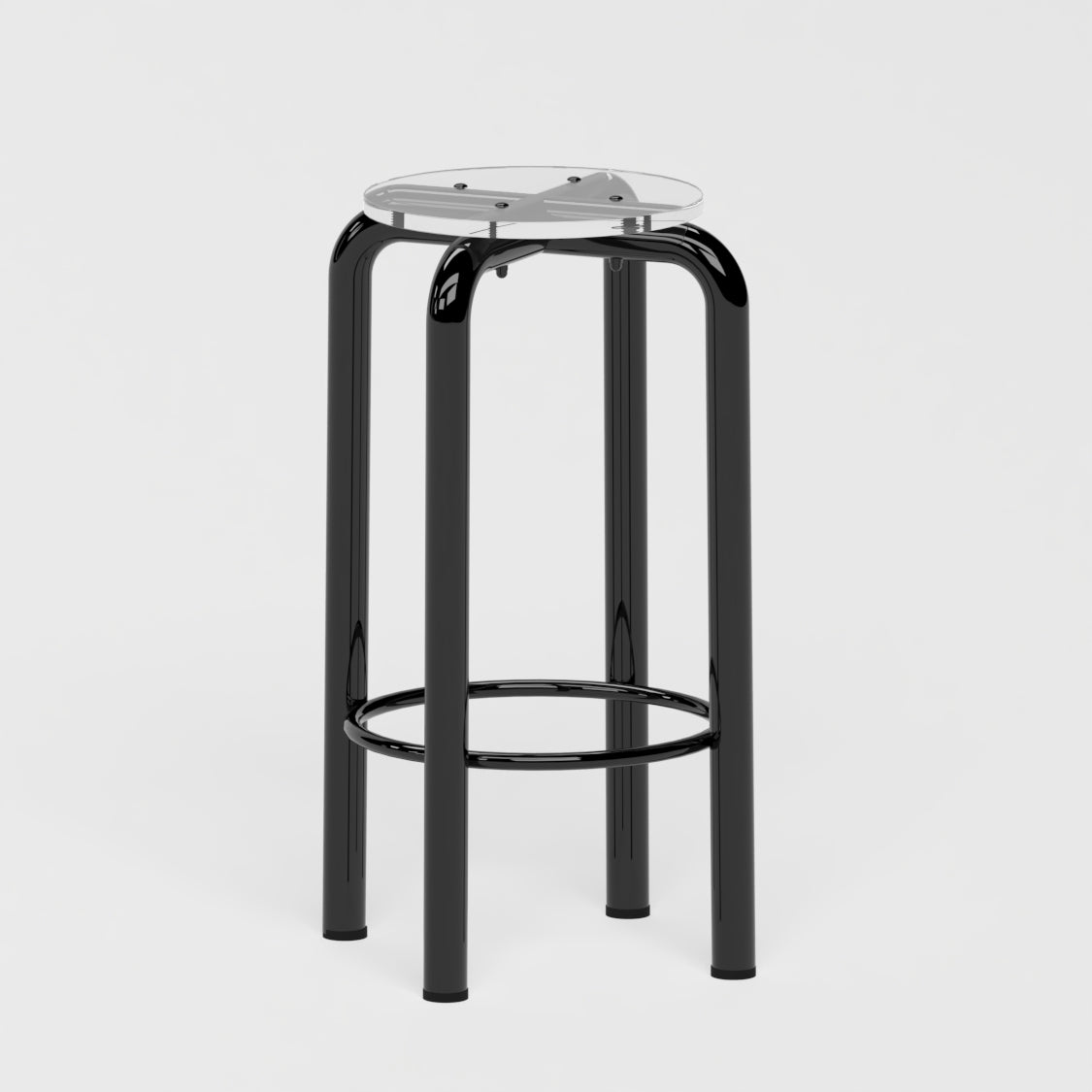 Tabouret haut Beaubourg 70 cm - structure noir et assise en verre acrylique recyclé incolore