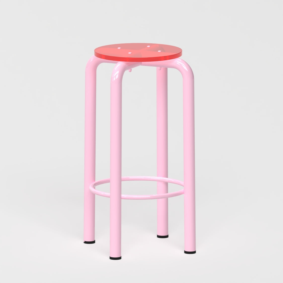 Tabouret haut Beaubourg 70 cm - structure rose pastel et assise en verre acrylique recyclé rouge