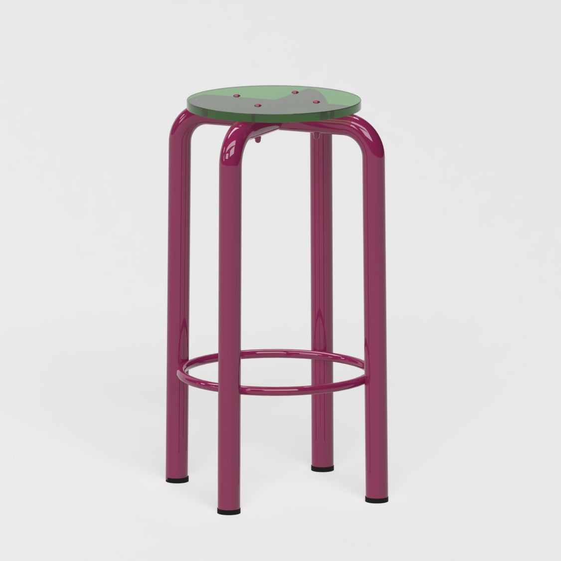 Tabouret haut Beaubourg 70 cm - structure aubergine et assise en verre acrylique recyclé vert